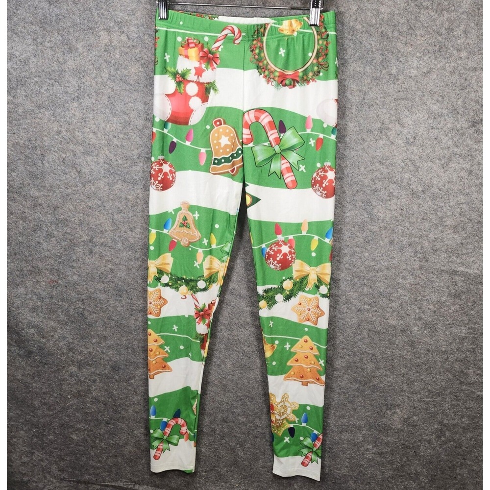 Christmas Leggings Women 10 White Green Red Holiday Lightweight Stretch Soft